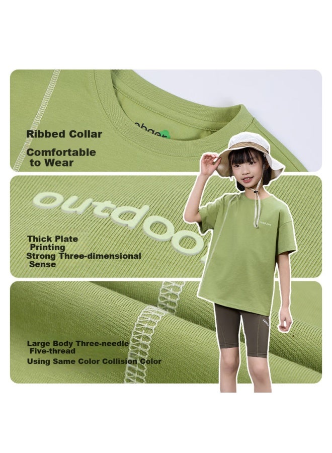 Ebaer Children's Short Sleeve T-shirt, Summer New Style, Boys' Cool-touch T-shirt, Girls' Printed Top, Spring Bud Green, Size 110 - Image 5