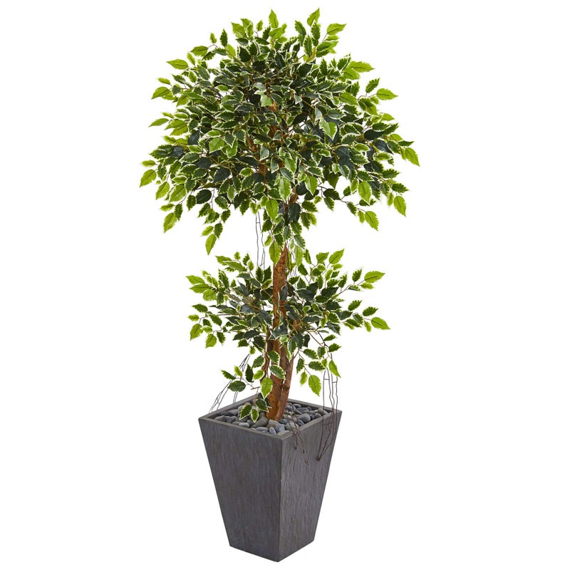 Nearly Natural Nearly Natural 5ft Variegated Ficus Artificial Tree in Slate Planter 