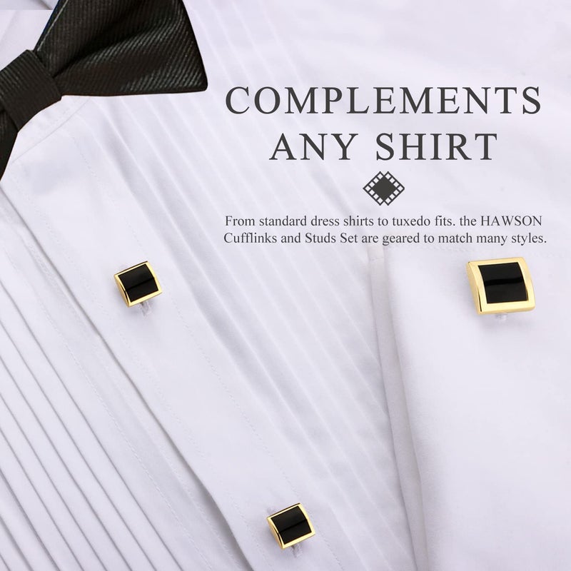 HAWSON Cufflinks and Studs for Men-Mens Fashion Cufflinks and Tuxedo Shirt Studs Set for Regular Wedding Business Accessories (Gold +Black Enamel) - Image 3