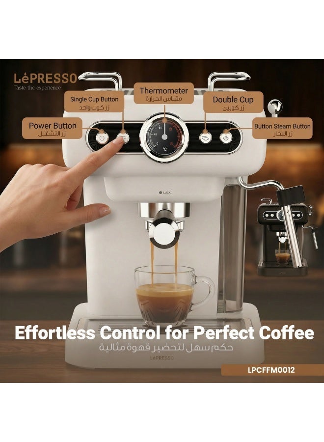 LePRESSO Retro Espresso Coffee Machine Boiler Gauge and Milk Frother,1.2L Coffee Maker 950W, 15Bar Pump, CUP Warmer, Steam Control, Portable - White - Image 5