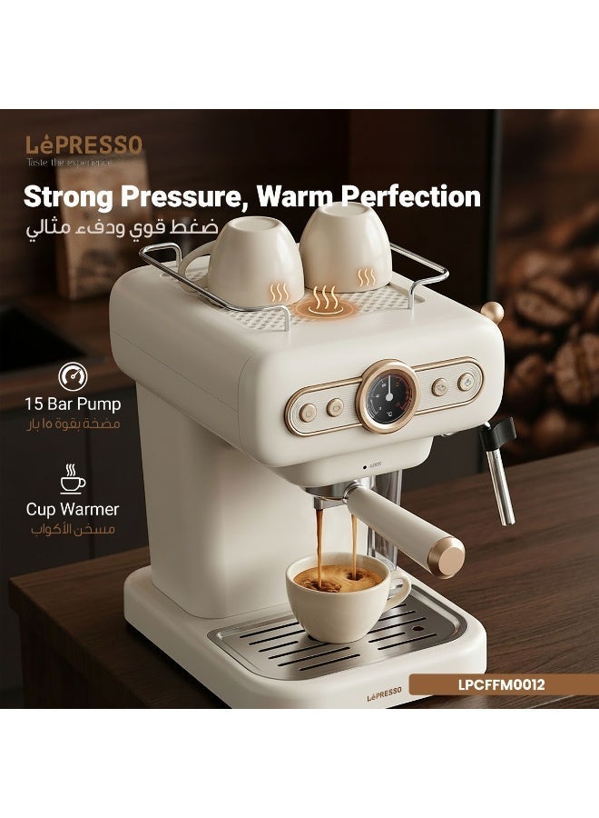 LePRESSO Retro Espresso Coffee Machine Boiler Gauge and Milk Frother,1.2L Coffee Maker 950W, 15Bar Pump, CUP Warmer, Steam Control, Portable - White - Image 2