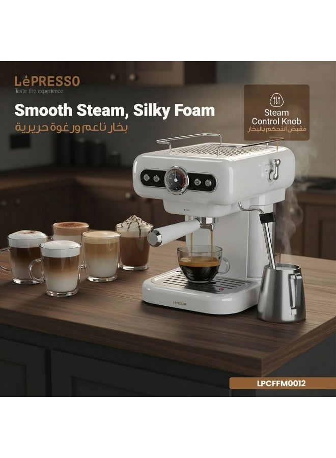 LePRESSO Retro Espresso Coffee Machine Boiler Gauge and Milk Frother,1.2L Coffee Maker 950W, 15Bar Pump, CUP Warmer, Steam Control, Portable - White - Image 4