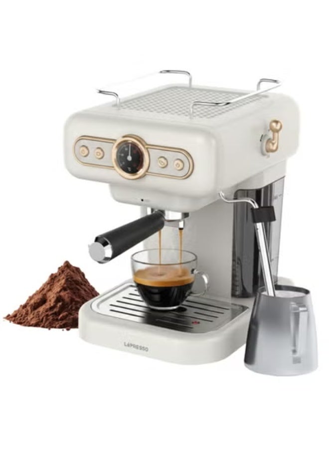 LePRESSO Retro Espresso Coffee Machine Boiler Gauge and Milk Frother,1.2L Coffee Maker 950W, 15Bar Pump, CUP Warmer, Steam Control, Portable - White - Image 1