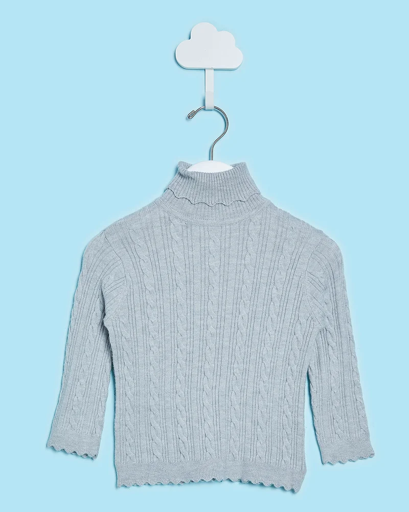 REDTAG Infant Girls Blue Knitted High Neck Pullover