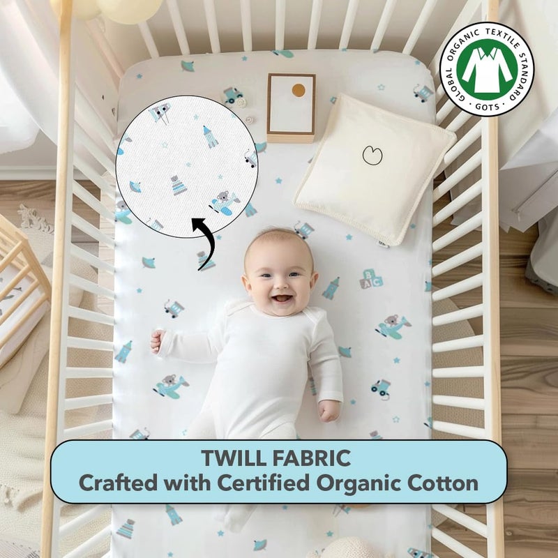 The White Cradle Cotton Baby Crib Fitted Bed Sheets for Cot Organic Twill Fabric Baby Bedding for New Born Infants Toddlers 52x28 Pack of 2 The White Cradle Blue Bear 1 and 2 - Image 2
