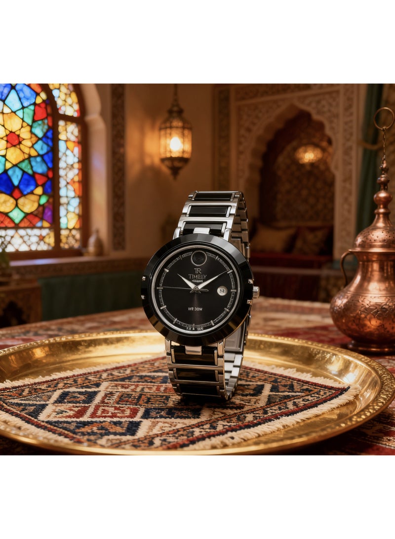 tr أمطار في الوقت المناسب ساعة رجالية ميكانيكية مزودة بتقويم، تتميز بمزيج من السيراميك والفولاذ المقاوم للصدأ الفضي والأسود، ومينا أسود. - Image 2