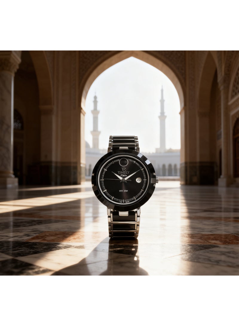 tr أمطار في الوقت المناسب ساعة رجالية ميكانيكية مزودة بتقويم، تتميز بمزيج من السيراميك والفولاذ المقاوم للصدأ الفضي والأسود، ومينا أسود. - Image 4