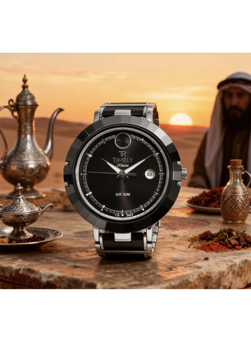 tr أمطار في الوقت المناسب ساعة رجالية ميكانيكية مزودة بتقويم، تتميز بمزيج من السيراميك والفولاذ المقاوم للصدأ الفضي والأسود، ومينا أسود. - Image 3