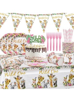 Y&D Jungle Animal Party Supplies 63 PCS Wild One Reusable Tableware Plates Paper Cups Napkins Tablecloth Straws Pennants Forks Set for Girls Kids Birthday Baby Shower Dinner Dessert  - Image 1