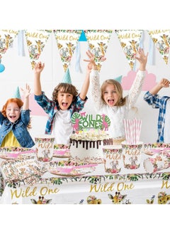 Y&D Jungle Animal Party Supplies 63 PCS Wild One Reusable Tableware Plates Paper Cups Napkins Tablecloth Straws Pennants Forks Set for Girls Kids Birthday Baby Shower Dinner Dessert  - Image 2