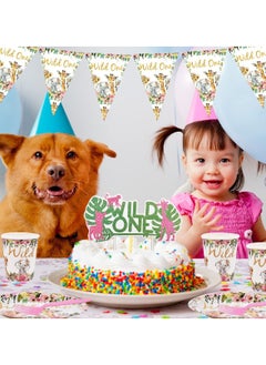 Y&D Jungle Animal Party Supplies 63 PCS Wild One Reusable Tableware Plates Paper Cups Napkins Tablecloth Straws Pennants Forks Set for Girls Kids Birthday Baby Shower Dinner Dessert  - Image 3