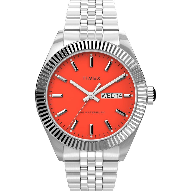 Timex Men's Waterbury Legacy Day-Date 41mm Watch â€“ Orange Dial with Stainless Steel Case & Bracelet