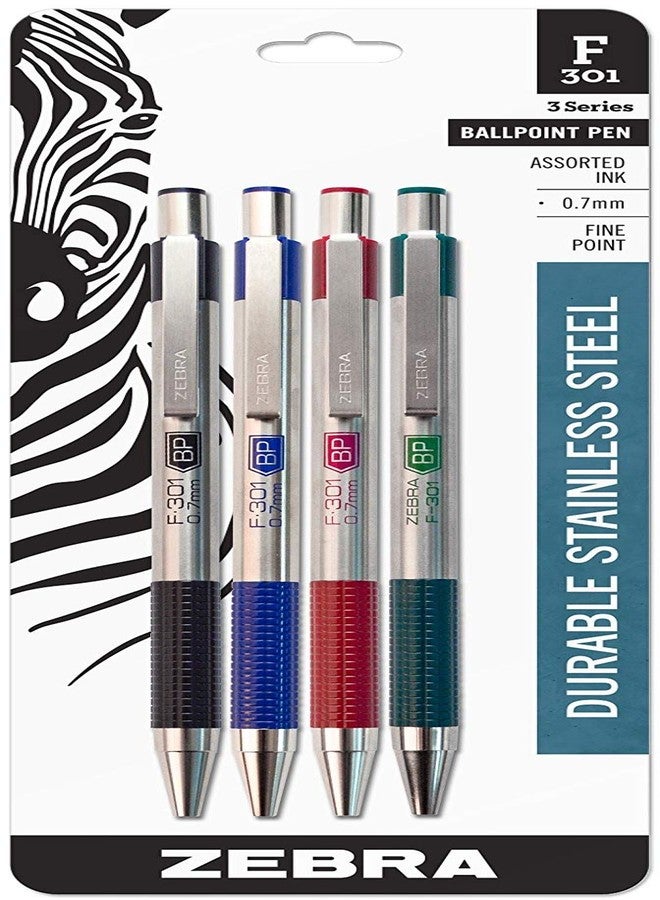 Zebra Technologies Zebra Pen. F-301 Ballpoint Stainless Steel Retractable Pen, Fine Point, 0.7mm, Assorted Ink, 4-Count: Black, Blue, Green, Red - Image 1