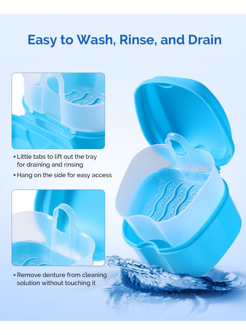 2 PCS Denture Bath Case with Strainer Basket Soaking Cup & Mouthguard Storage Container (Light Blue, Purple) - Image 3