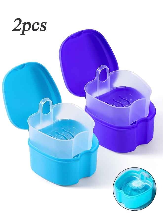 2 PCS Denture Bath Case with Strainer Basket Soaking Cup & Mouthguard Storage Container (Light Blue, Purple) - Image 1