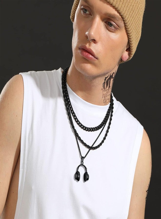 xinxingin Men Jewellery, Pendant for Men, Black Chain with Retro Headphone Pendant, Stylish Necklace for Men and Boys, Ideal Gift for Weddings, Birthdays and Parties - Image 2