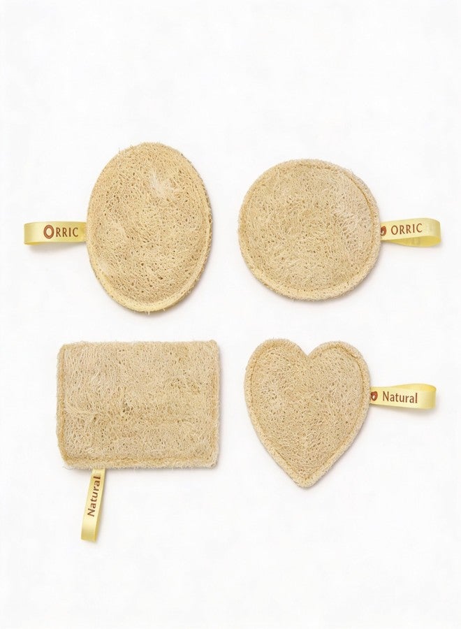 ORRIC Natural Loofah Sponge Set, 4 Pieces(1 RECTANGLE,1 CIRCLE,1 HEART & 1 OVAL SHAPE) Exfoliating Body Scrubber, Round, Oval, Rectangle, Heart Shapes - Image 1
