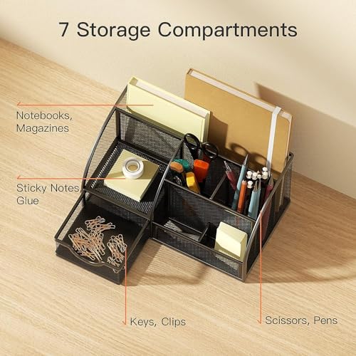 YAJNAS Metal Stationery Items Organizer for Office and Home Table Top Pen Pencil Holder | Desk Organiser Or Study, Makeup, Remote, Kitchen (7 Compartment) - Image 4