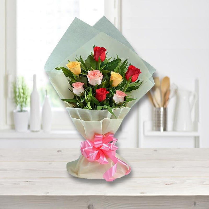 The FloralMart The FloralMart Fresh Flowers Bouquet of 08 Multicolor Roses in Premium Paper Wrapping Gift for All Occasions Birthdays Anniversay Mothers Day Couple