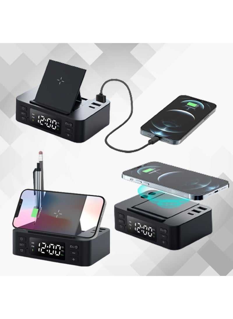 REMAXX REMAXX Digital Alarm Clock with 15w Wireless Charger and Pen Holder 2 USB 1 Type C Output Mobile Stand Dual Alarms 1224H Time Mode Brightness Control 