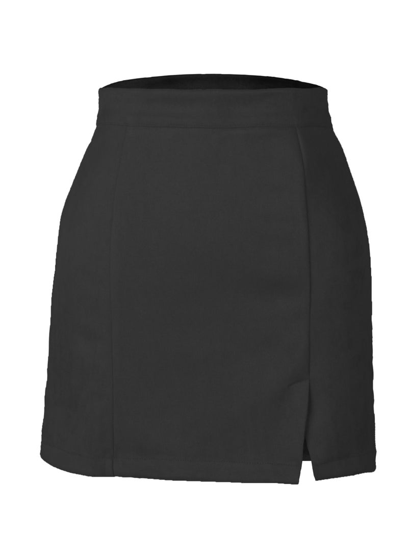 Loquat - Women's Hip Wrap High Waist Solid Color Zipper Short Mini Skirts Side Slit Pencil Skirt Black - Image 1