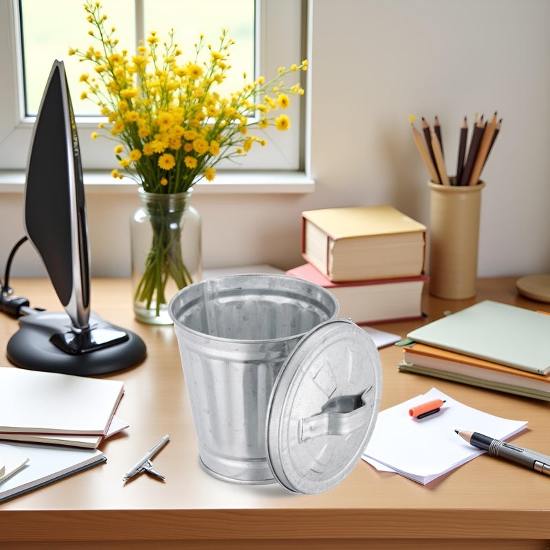 Zhuluck Silver Mini Galvanized Trash Can with Lid Mini Wastebasket Trash Can Small Metal Buckets Tabletop Trash Rubbish Bin Flower Pot Pen Holde Trash, Wastebaskets (9.5X9X9CM) - Image 3