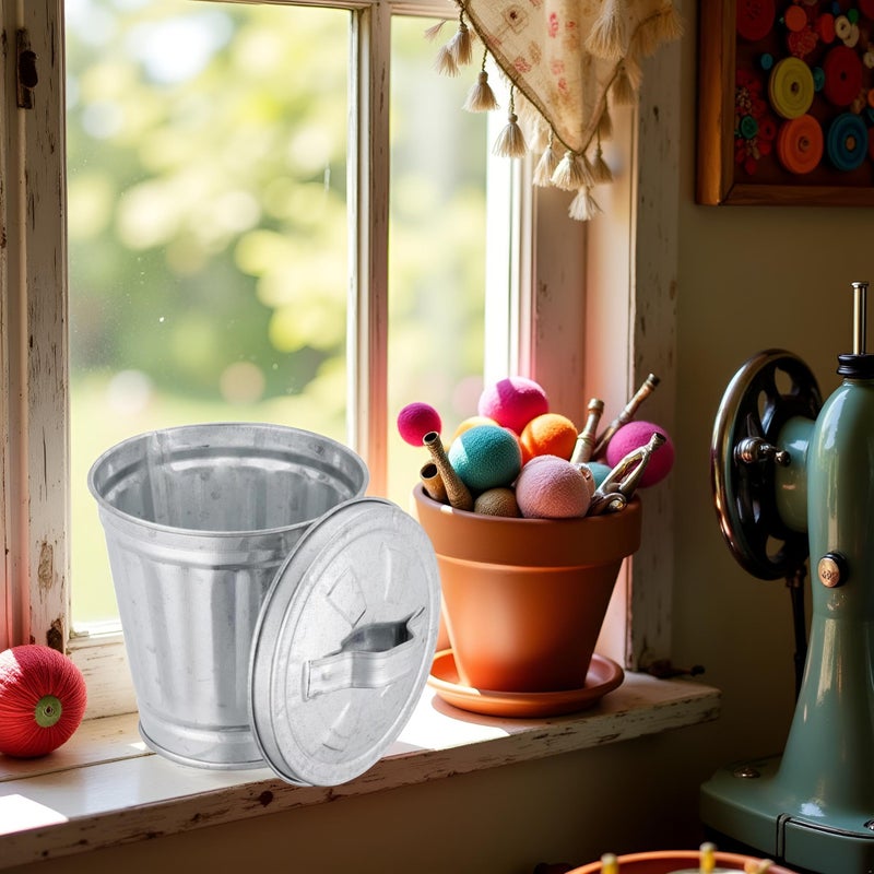 Zhuluck Silver Mini Galvanized Trash Can with Lid Mini Wastebasket Trash Can Small Metal Buckets Tabletop Trash Rubbish Bin Flower Pot Pen Holde Trash, Wastebaskets (9.5X9X9CM) - Image 2