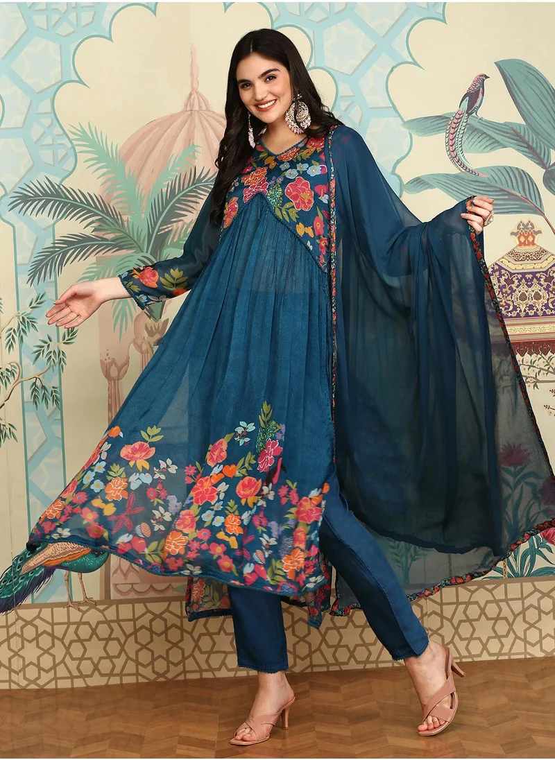 ISHIN Teal Blue Floral Printed Empire Thread Work Anarkali Kurta With Trousers & Dupatta