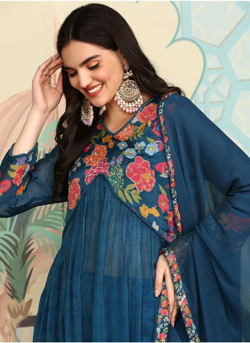 ISHIN Anarkali Fit Printed Pattern Round Neck Three-Quarter Sleeves TEAL Colour Woven Cotton Kurta Set for Women with Semi Elastic Closure - Crafted for Elegance and Ease