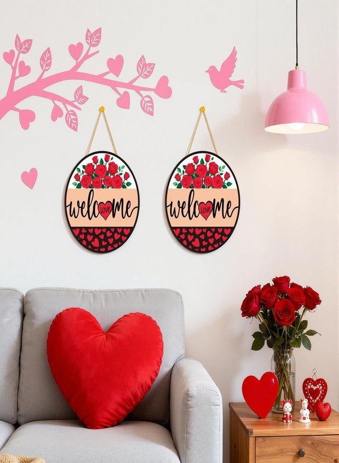 OHOME Valentines Day Decorations - Wreath Welcome Sign for Front Door | Rustic Round Wood Wreaths,Heart Rose Garland Outdoor Indoor - Valentines Decor Party Favors Supplies for Door Wall Room Porch Kitchen - Image 3