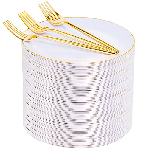 Rubtlamp 200Pcs Gold Plastic Dessert Plates,White Appetizer Platos with Gold Disposable Forks, Fancy Small Dessert/Cake Plates Include 100pcs 7.5" Salad Platos, 100pcs 7.6" Plastic Forks for Party - Image 1