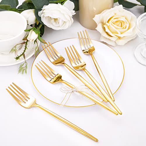 Rubtlamp 200Pcs Gold Plastic Dessert Plates,White Appetizer Platos with Gold Disposable Forks, Fancy Small Dessert/Cake Plates Include 100pcs 7.5" Salad Platos, 100pcs 7.6" Plastic Forks for Party - Image 3