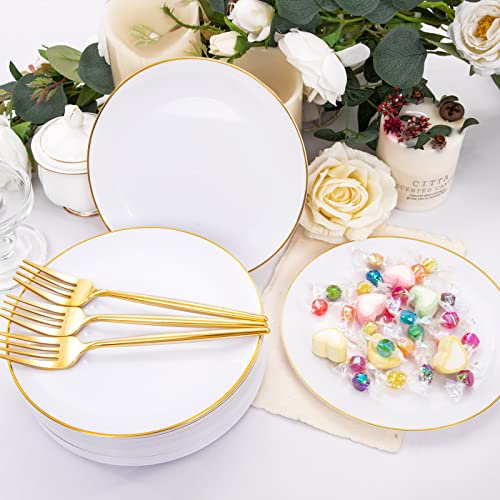 Rubtlamp 200Pcs Gold Plastic Dessert Plates,White Appetizer Platos with Gold Disposable Forks, Fancy Small Dessert/Cake Plates Include 100pcs 7.5" Salad Platos, 100pcs 7.6" Plastic Forks for Party - Image 5