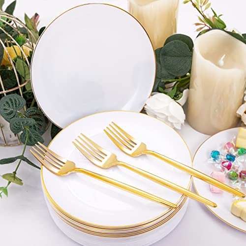 Rubtlamp 200Pcs Gold Plastic Dessert Plates,White Appetizer Platos with Gold Disposable Forks, Fancy Small Dessert/Cake Plates Include 100pcs 7.5" Salad Platos, 100pcs 7.6" Plastic Forks for Party - Image 4