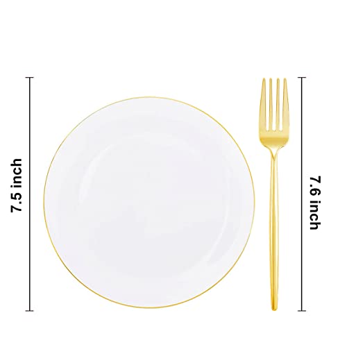 Rubtlamp 200Pcs Gold Plastic Dessert Plates,White Appetizer Platos with Gold Disposable Forks, Fancy Small Dessert/Cake Plates Include 100pcs 7.5" Salad Platos, 100pcs 7.6" Plastic Forks for Party - Image 2
