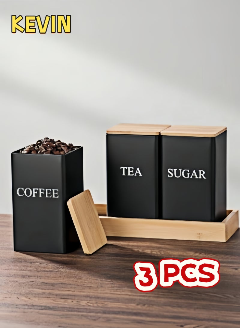 كيفن علبة تخزين قهوة مكونة من 3 قطع، علبة تخزين حبوب القهوة، غطاء من الخيزران، علبة عرض فنية من الحديد، علبة مربعة - Image 1