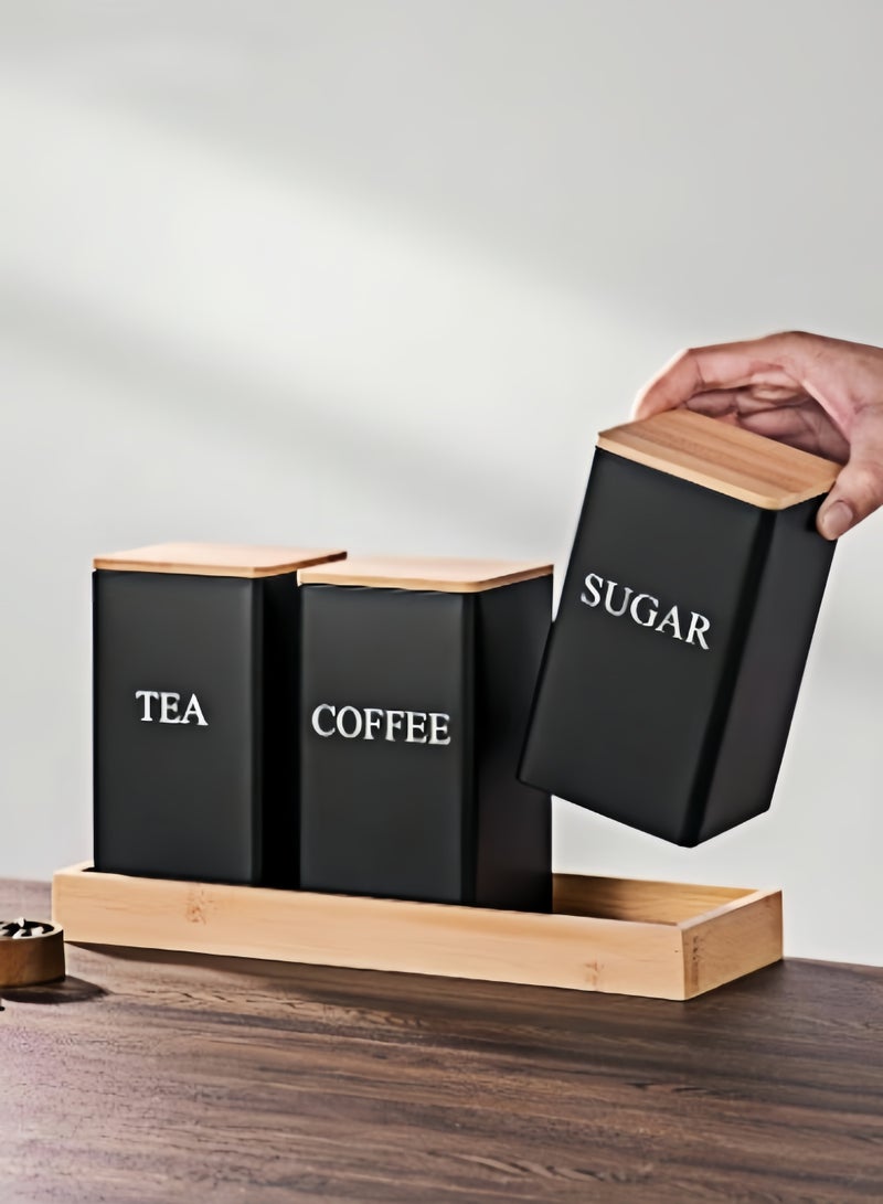 كيفن علبة تخزين قهوة مكونة من 3 قطع، علبة تخزين حبوب القهوة، غطاء من الخيزران، علبة عرض فنية من الحديد، علبة مربعة - Image 2