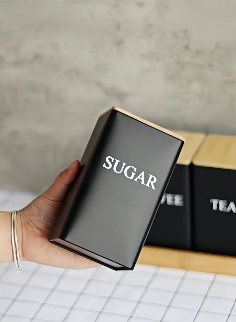 كيفن علبة تخزين قهوة مكونة من 3 قطع، علبة تخزين حبوب القهوة، غطاء من الخيزران، علبة عرض فنية من الحديد، علبة مربعة - Image 4