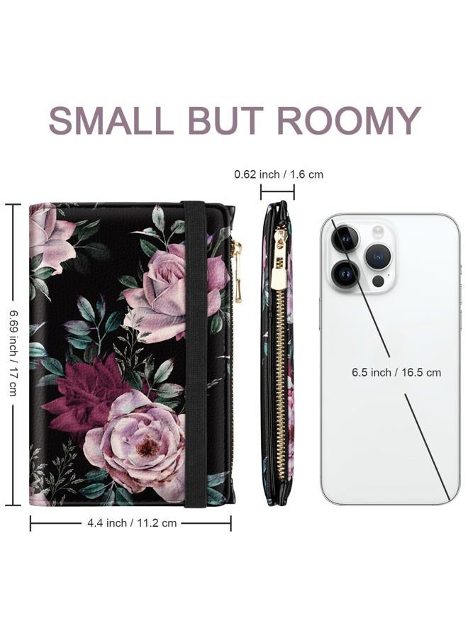 Simikol Passport Holder Cover with Zipper Coin Pocket Travel Wallet RFID Blocking Leather Passport Cover Credit Card Holder for Women, Night Roses - Image 3