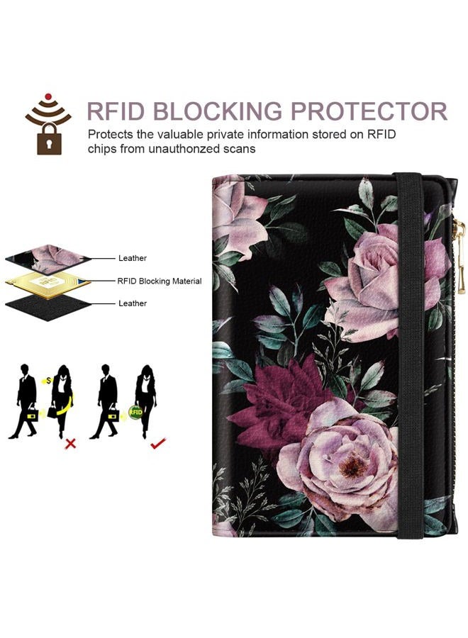 Simikol Passport Holder Cover with Zipper Coin Pocket Travel Wallet RFID Blocking Leather Passport Cover Credit Card Holder for Women, Night Roses - Image 4