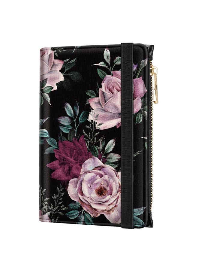 Simikol Passport Holder Cover with Zipper Coin Pocket Travel Wallet RFID Blocking Leather Passport Cover Credit Card Holder for Women, Night Roses - Image 1