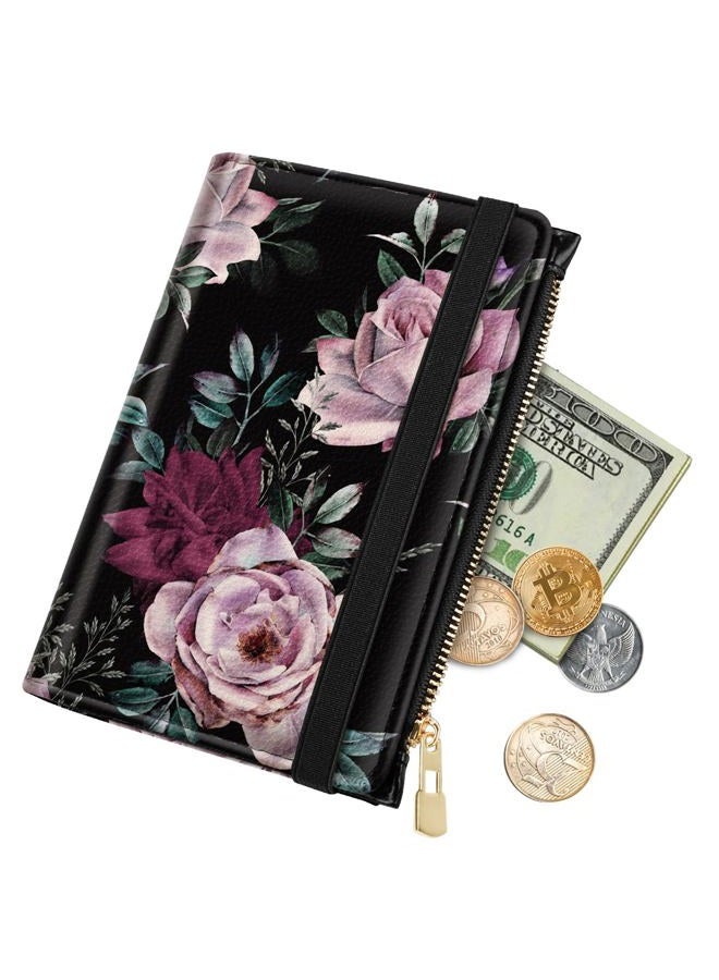 Simikol Passport Holder Cover with Zipper Coin Pocket Travel Wallet RFID Blocking Leather Passport Cover Credit Card Holder for Women, Night Roses - Image 5