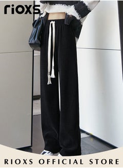 RIOXS Women's High Waist Pants, Vintage Drawstring Trousers, Baggy Comfortable Pants with Elastic Waist, Easy to Match, Suitable for Daily Wear and Outdoor Activities  - Image 3