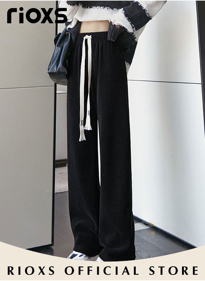 RIOXS Women's High Waist Pants, Vintage Drawstring Trousers, Baggy Comfortable Pants with Elastic Waist, Easy to Match, Suitable for Daily Wear and Outdoor Activities  - Image 3