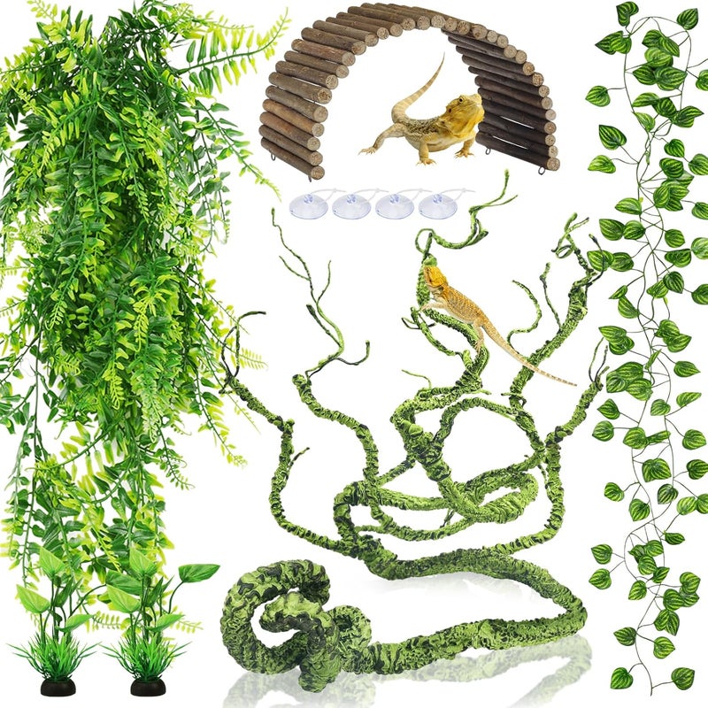 QUOZUO Bearded Dragon Tank Accessories, Terrarium Hanging Plant Vines Artificial Leaves Reptile Hide, Bridge Jungle Climber Reptile Vines for Snakes Bearded Dragon Chameleon Gecko Lizard - Image 1