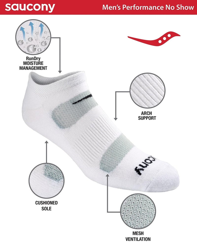 Saucony Men's RunDry Mesh Ventilating Comfort Fit Performance 6, 12, 18 Pairs No-Show Socks, M-XXL, White (18 Pairs), Large