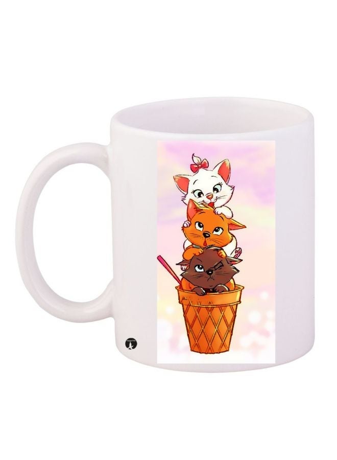 RYN Cartoon Cats Printed Coffee Mug White/Pink/Brown 11ounce