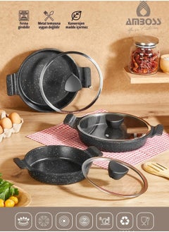 AMBOSS Ambos Granite sauce set 6 pieces (omelette) with star glass lid made in Turkey  - Image 1