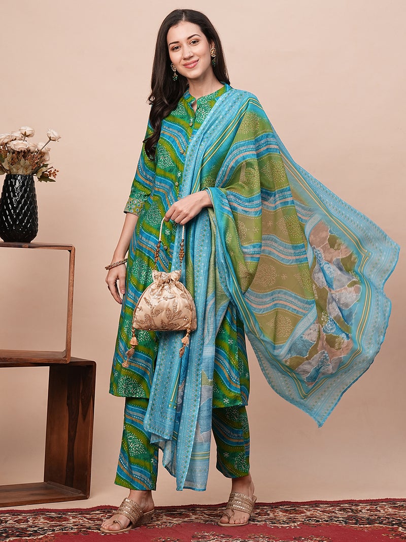 globus Globus Women Leheriya Printed Mandarin Collar Thread Work Straight Kurta With Trousers & Dupatta - Image 2