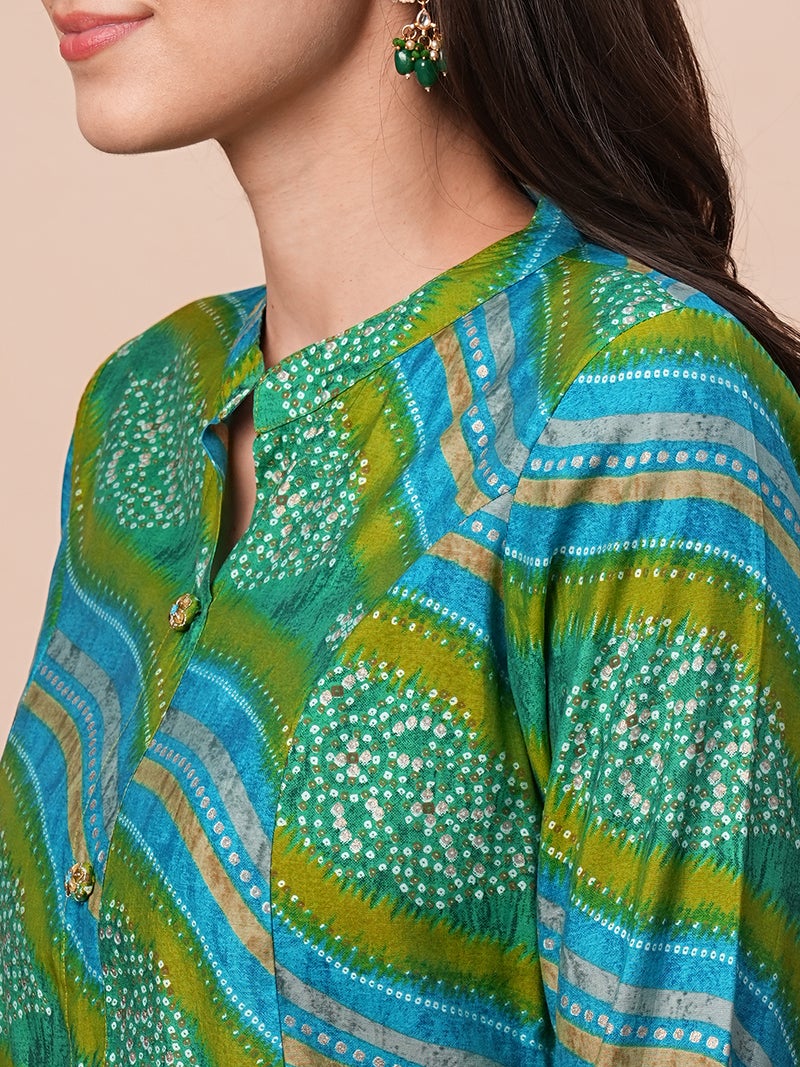 globus Globus Women Leheriya Printed Mandarin Collar Thread Work Straight Kurta With Trousers & Dupatta - Image 4